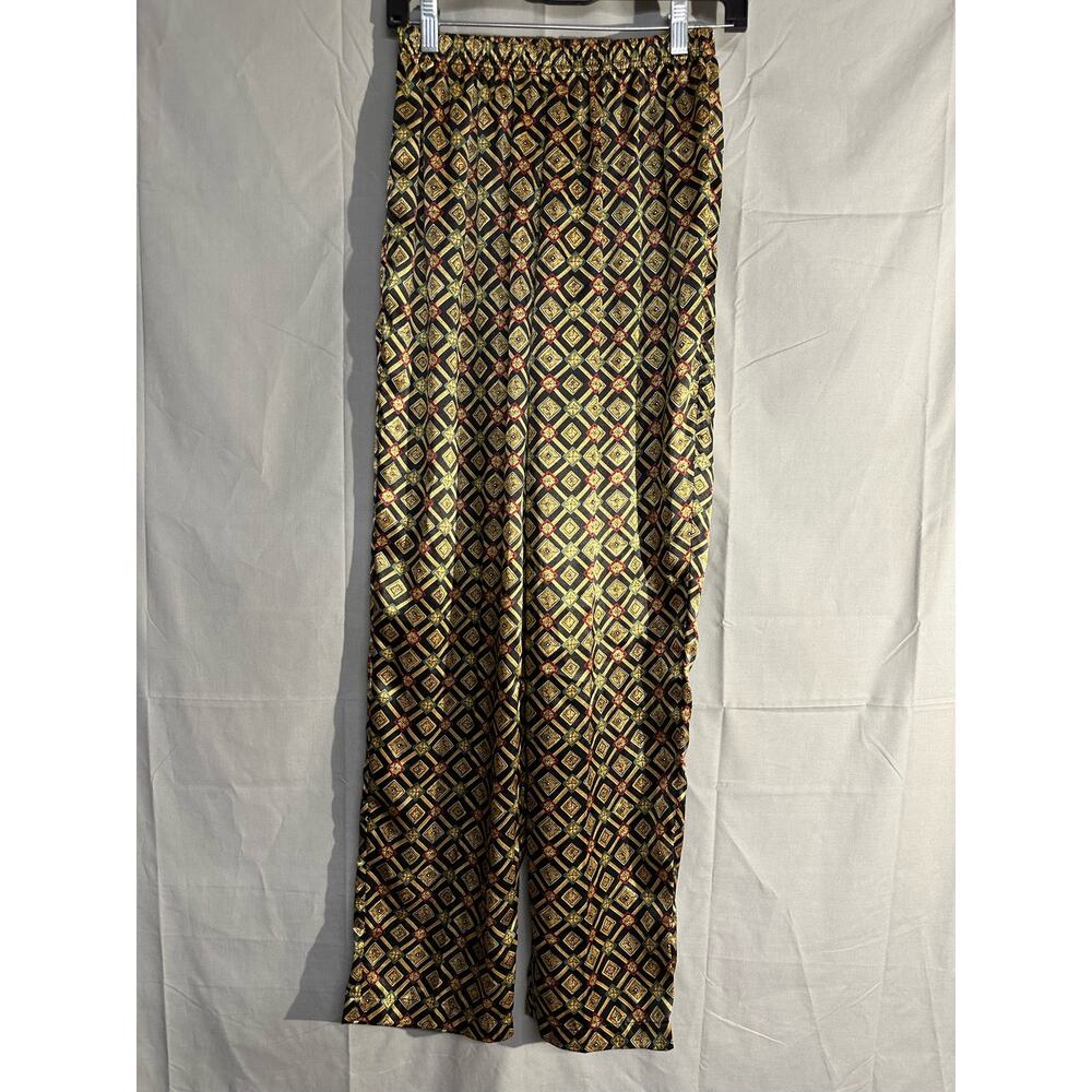 Y2K Vintage Victorias Secret Pants Small Black Satin Gold Print 90s High Rise - Picture 7 of 10